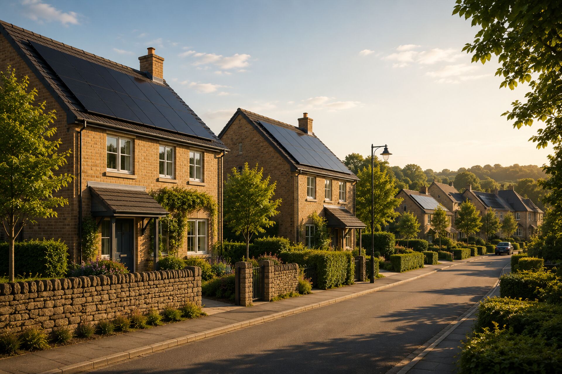 Aerial view of a calm British suburban street at golden hour, with a few rooftops carrying solar panels.